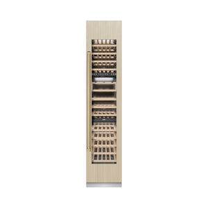 ZLINE Autograph Edition 18 in. 9.0 cu. ft. Triple Zone 68 Bottle Panel Ready Right Hinge Column Wine Cooler with Champagne Bronze Accents (RBCWVRZ-18-CB) front, closed, with custom panel.