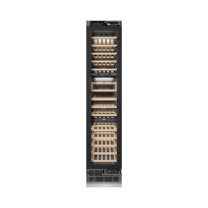 ZLINE Autograph Edition 18 in. 9.0 cu. ft. Triple Zone 68 Bottle Panel Ready Right Hinge Column Wine Cooler with Champagne Bronze Accents (RBCWVRZ-18-CB) front, closed.