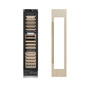 ZLINE Autograph Edition 18 in. 9.0 cu. ft. Triple Zone 68 Bottle Panel Ready Right Hinge Column Wine Cooler with Champagne Bronze Accents (RBCWVRZ-18-CB) front, next to custom panels and handles.