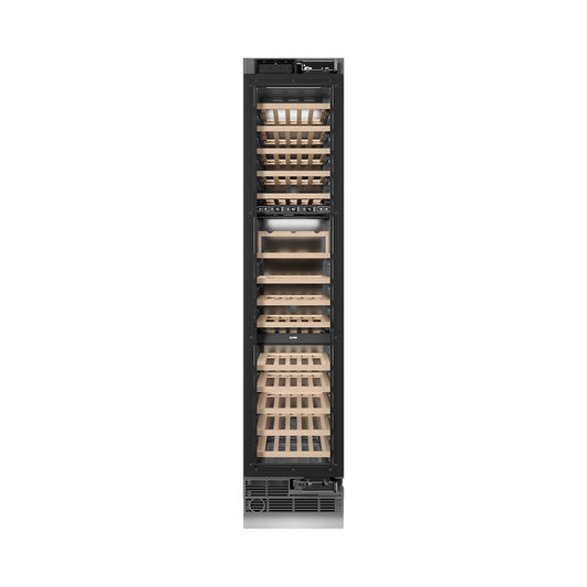 ZLINE Autograph Edition 18 in. 9.0 cu. ft. Triple Zone 68 Bottle Panel Ready Right Hinge Column Wine Cooler with Polished Gold Accents (RBCWVRZ-18-G) front, closed.