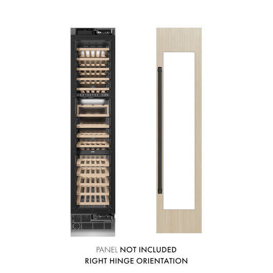 ZLINE Autograph Edition 18 in. 9.0 cu. ft. Triple Zone 68 Bottle Panel Ready Right Hinge Column Wine Cooler with Matte Black Accents (RBCWVRZ-18-MB) unit without panels next to custom panels. Text: Panel Not Included. Right Hinge Orientation.
