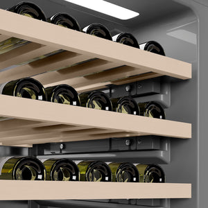 ZLINE Autograph Edition 24 in. 12.4 cu. ft. Triple Zone 100 Bottle Panel Ready Column Wine Cooler with Champagne Bronze Accents (RBCWVZ-24-CB) grey interior.