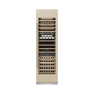 ZLINE Autograph Edition 24 in. 12.4 cu. ft. Triple Zone 100 Bottle Panel Ready Column Wine Cooler with Champagne Bronze Accents (RBCWVZ-24-CB) front, closed, with custom panel.