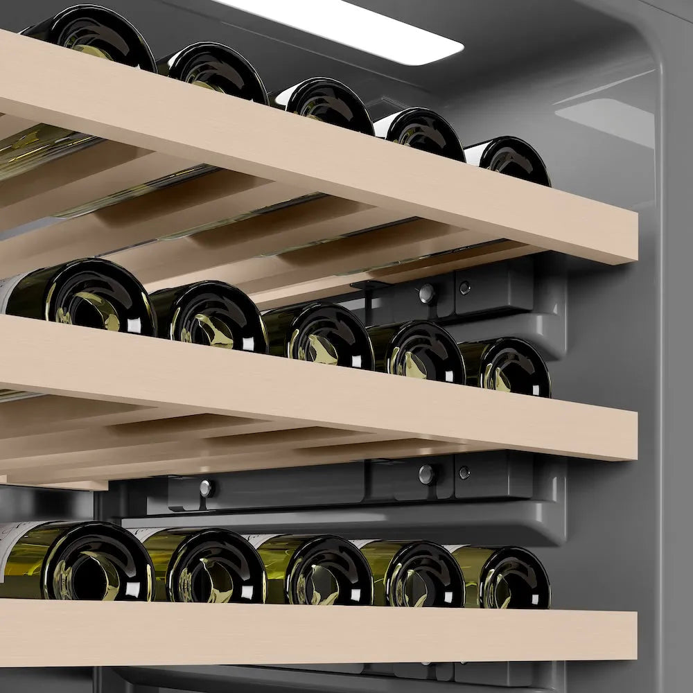 ZLINE Autograph Edition 24 in. 12.4 cu. ft. Triple Zone 100 Bottle Panel Ready Column Wine Cooler with Polished Gold Accents (RBCWVZ-24-G) grey interior.