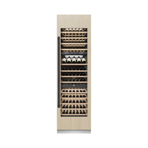 ZLINE Autograph Edition 24 in. 12.4 cu. ft. Triple Zone 100 Bottle Panel Ready Column Wine Cooler with Matte Black Accents (RBCWVZ-24-MB) front, closed, with custom panel.