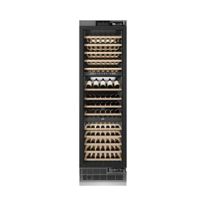 ZLINE Autograph Edition 24 in. 12.4 cu. ft. Triple Zone 100 Bottle Panel Ready Column Wine Cooler with Matte Black Accents (RBCWVZ-24-MB) front, closed.