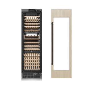 ZLINE Autograph Edition 24 in. 12.4 cu. ft. Triple Zone 100 Bottle Panel Ready Column Wine Cooler with Matte Black Accents (RBCWVZ-24-MB) front, next to custom panels and handles.