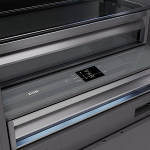 ZLINE 36 in. 19.8 cu. ft. Panel Ready Built-In Bottom Freezer Refrigerator with Water Dispenser and Ice Maker with Graphite Gray Interior (GRBIT-36) close-up detail, touch control panel and display.