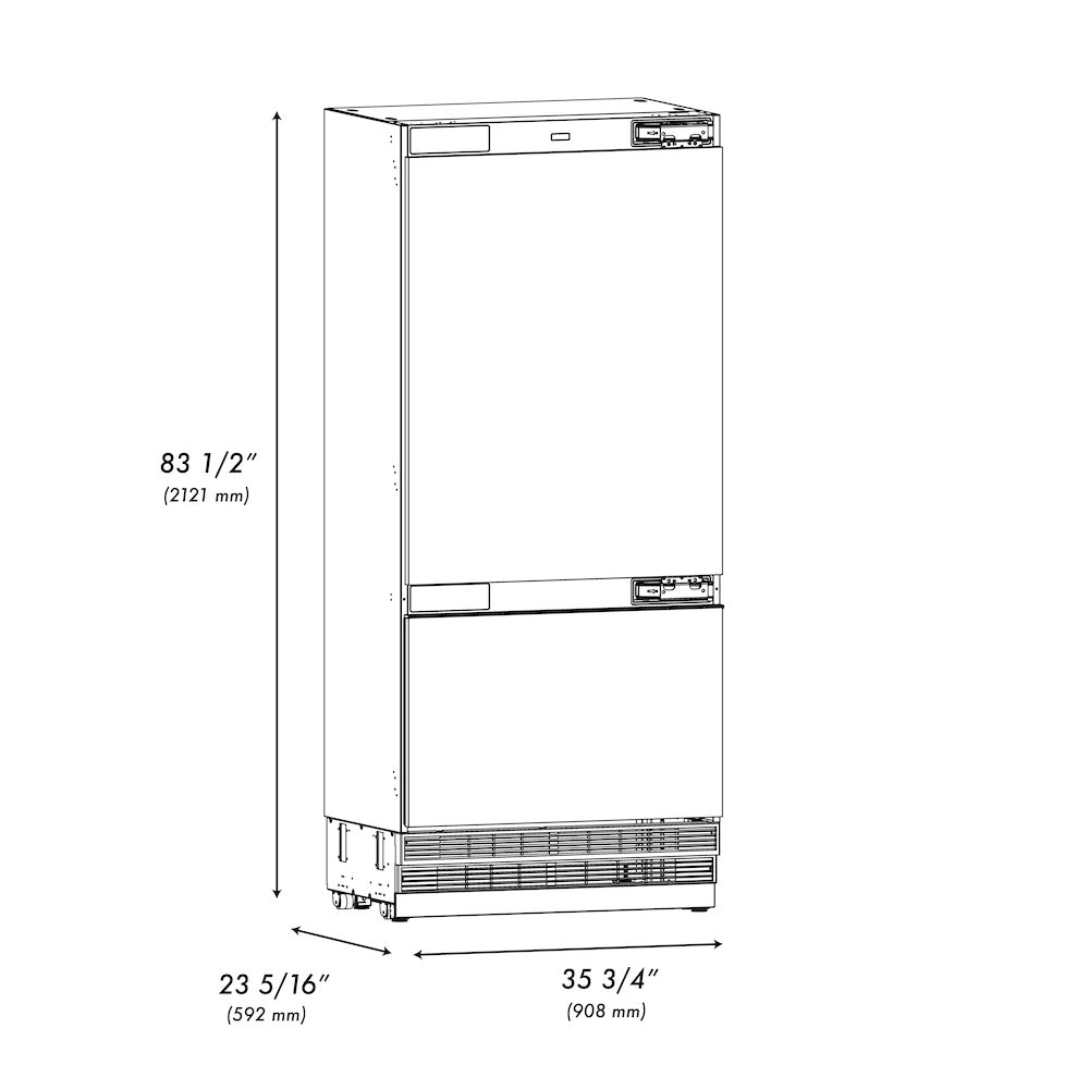 ZLINE 36 in. 19.8 cu. ft. Panel Ready Built-In Bottom Freezer Refrigerator with Water Dispenser and Ice Maker with Graphite Gray Interior (GRBIT-36) dimensional diagram.