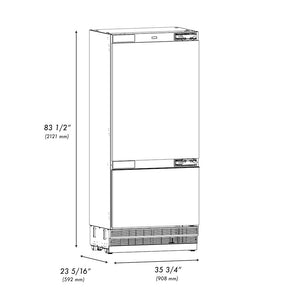 ZLINE 36 in. 19.8 cu. ft. Panel Ready Built-In Bottom Freezer Refrigerator with Water Dispenser and Ice Maker with Graphite Gray Interior (GRBIT-36) dimensional diagram.