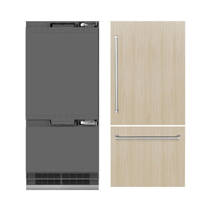 ZLINE 36 in. 19.8 cu. ft. Panel Ready Built-In Bottom Freezer Refrigerator with Water Dispenser and Ice Maker with Graphite Gray Interior (GRBIT-36) front, next to custom panels and handles. Text: Handles and panels not included.