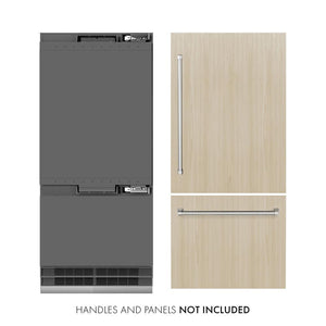 ZLINE 36 in. 19.8 cu. ft. Panel Ready Built-In Bottom Freezer Refrigerator with Water Dispenser and Ice Maker with Graphite Gray Interior (GRBIT-36) front, next to custom panels and handles. Text: Handles and panels not included.