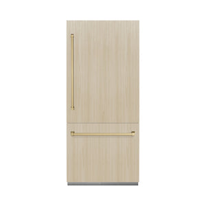 ZLINE Autograph Edition 36 in. 19.8 cu. ft. Panel Ready Built-In Bottom Freezer Refrigerator with Water Dispenser and Ice Maker with Graphite Gray Interior and Champagne Bronze Accents (GRBITZ-36-CB) front, closed, with handles installed on custom panels.