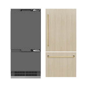 ZLINE Autograph Edition 36 in. 19.8 cu. ft. Panel Ready Built-In Bottom Freezer Refrigerator with Water Dispenser and Ice Maker with Graphite Gray Interior and Polished Gold Accents (GRBITZ-36-G) front, closed, next to custom panels with handles installed.