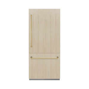 ZLINE Autograph Edition 36 in. 19.8 cu. ft. Panel Ready Built-In Bottom Freezer Refrigerator with Water Dispenser and Ice Maker with Graphite Gray Interior and Polished Gold Accents (GRBITZ-36-G) front, closed, with handles installed on custom panels.