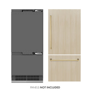 ZLINE Autograph Edition 36 in. 19.8 cu. ft. Panel Ready Built-In Bottom Freezer Refrigerator with Water Dispenser and Ice Maker with Graphite Gray Interior and Polished Gold Accents (GRBITZ-36-G) front, closed, next to custom panels with handles installed. Text: Panels not included.