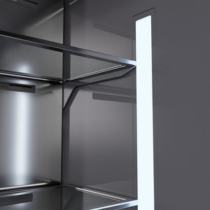 ZLINE Autograph Edition 36 in. 19.8 cu. ft. Panel Ready Built-In Bottom Freezer Refrigerator with Water Dispenser and Ice Maker with Graphite Gray Interior and Matte Black Accents (GRBITZ-36-MB) close-up, interior LED lighting.