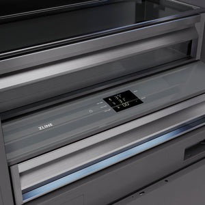 ZLINE Autograph Edition 36 in. 19.8 cu. ft. Panel Ready Built-In Bottom Freezer Refrigerator with Water Dispenser and Ice Maker with Graphite Gray Interior and Matte Black Accents (GRBITZ-36-MB) close-up detail, touch control panel and display.