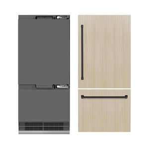 ZLINE Autograph Edition 36 in. 19.8 cu. ft. Panel Ready Built-In Bottom Freezer Refrigerator with Water Dispenser and Ice Maker with Graphite Gray Interior and Matte Black Accents (GRBITZ-36-MB) front, closed, next to custom panels with handles installed.