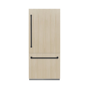 ZLINE Autograph Edition 36 in. 19.8 cu. ft. Panel Ready Built-In Bottom Freezer Refrigerator with Water Dispenser and Ice Maker with Graphite Gray Interior and Matte Black Accents (GRBITZ-36-MB) front, closed, with handles installed on custom panels.