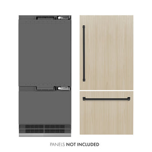ZLINE Autograph Edition 36 in. 19.8 cu. ft. Panel Ready Built-In Bottom Freezer Refrigerator with Water Dispenser and Ice Maker with Graphite Gray Interior and Matte Black Accents (GRBITZ-36-MB) front, closed, next to custom panels with handles installed. Text: Panels not included. Trim kit included.