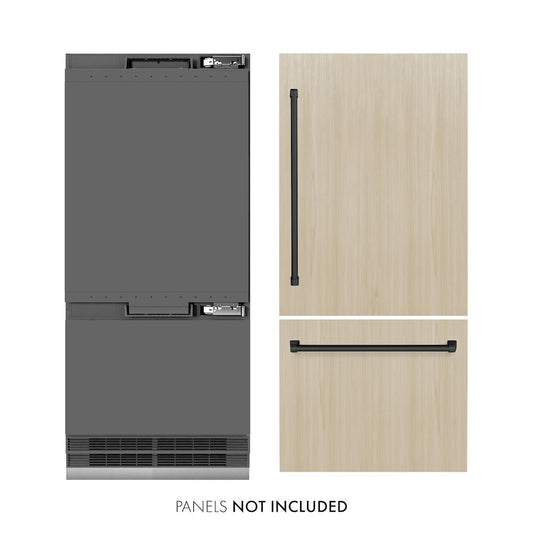ZLINE Autograph Edition 36 in. 19.8 cu. ft. Panel Ready Built-In Bottom Freezer Refrigerator with Water Dispenser and Ice Maker with Graphite Gray Interior and Matte Black Accents (GRBITZ-36-MB) front, closed, next to custom panels with handles installed. Text: Panels not included. Trim kit included.