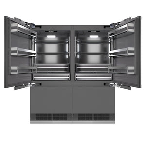 ZLINE Autograph Edition 72 in. 39.6 cu. ft. Panel Ready French Door Built-In Bottom Freezer Refrigerator with Water Dispensers and Ice Makers with Graphite Gray Interior and Champagne Bronze Accents (GRBITZ-72-CB) front, open.