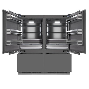 ZLINE Autograph Edition 72 in. 39.6 cu. ft. Panel Ready French Door Built-In Bottom Freezer Refrigerator with Water Dispensers and Ice Makers with Graphite Gray Interior and Polished Gold Accents (GRBITZ-72-G) front, open.