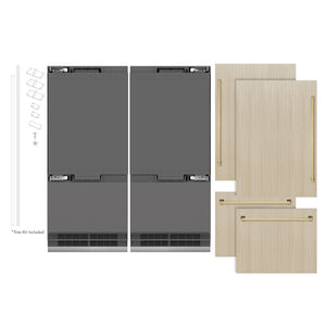 ZLINE Autograph Edition 72 in. 39.6 cu. ft. Panel Ready French Door Built-In Bottom Freezer Refrigerator with Water Dispensers and Ice Makers with Graphite Gray Interior and Polished Gold Accents (GRBITZ-72-G) front, closed, next to custom panels with handles installed. Text: Panels not included. Trim kit included.