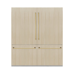 ZLINE Autograph Edition 72 in. 39.6 cu. ft. Panel Ready French Door Built-In Bottom Freezer Refrigerator with Water Dispensers and Ice Makers with Graphite Gray Interior and Polished Gold Accents (GRBITZ-72-G) front, closed, with handles installed on custom panels.