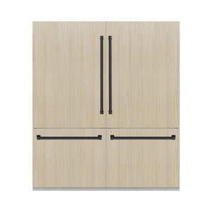 ZLINE Autograph Edition 72 in. 39.6 cu. ft. Panel Ready French Door Built-In Bottom Freezer Refrigerator with Water Dispensers and Ice Makers with Graphite Gray Interior and Matte Black Accents (GRBITZ-72-MB) front, closed, with handles installed on custom panels.