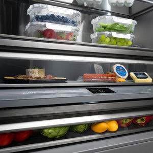 ZLINE 30 in. 16.1 cu. ft. Panel Ready Built-In Bottom Freezer Refrigerator with Water Dispenser and Ice Maker with Graphite Gray Interior (GRBIV-30) flex drawer detail.