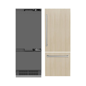 ZLINE 30 in. 16.1 cu. ft. Panel Ready Built-In Bottom Freezer Refrigerator with Water Dispenser and Ice Maker with Graphite Gray Interior (GRBIV-30) front, next to custom panels and handles. Text: Handles and panels not included.