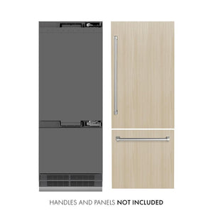 ZLINE 30 in. 16.1 cu. ft. Panel Ready Built-In Bottom Freezer Refrigerator with Water Dispenser and Ice Maker with Graphite Gray Interior (GRBIV-30) front, next to custom panels and handles. Text: Handles and panels not included.