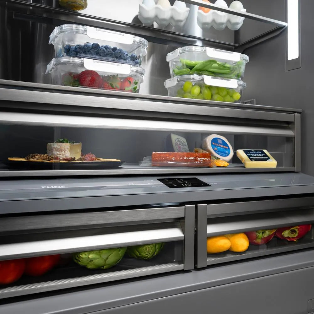 ZLINE 36 in. 19.6 cu. ft. Panel Ready French Door Built-In Bottom Freezer Refrigerator with Water Dispenser and Ice Maker with Graphite Gray Interior (GRBIV-36) flex drawers.