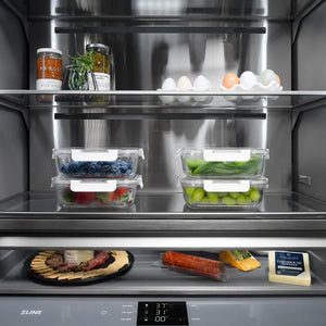 ZLINE 36 in. 19.6 cu. ft. Panel Ready French Door Built-In Bottom Freezer Refrigerator with Water Dispenser and Ice Maker with Graphite Gray Interior (GRBIV-36) refrigeration compartment interior with food on shelves.
