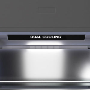 ZLINE 36 in. 19.8 cu. ft. Panel Ready Built-In Bottom Freezer Refrigerator with Water Dispenser and Ice Maker with Graphite Gray Interior (GRBIT-36) close-up detail, dual cooling inside refrigeration compartment.