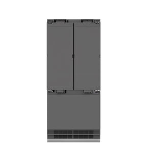 ZLINE 36 in. 19.6 cu. ft. Panel Ready French Door Built-In Bottom Freezer Refrigerator with Water Dispenser and Ice Maker with Graphite Gray Interior (GRBIV-36) front, no panels, closed.