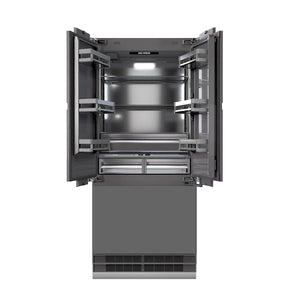 ZLINE 36 in. 19.6 cu. ft. Panel Ready French Door Built-In Bottom Freezer Refrigerator with Water Dispenser and Ice Maker with Graphite Gray Interior (GRBIV-36) front, no panels, open.