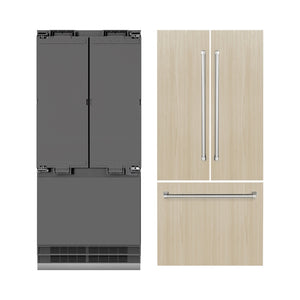 ZLINE 36 in. 19.6 cu. ft. Panel Ready French Door Built-In Bottom Freezer Refrigerator with Water Dispenser and Ice Maker with Graphite Gray Interior (GRBIV-36) front, next to custom panels and handles. Text: Handles and panels not included.