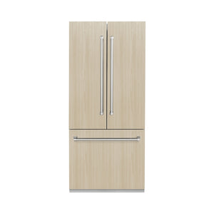 ZLINE 36 in. 19.6 cu. ft. Panel Ready French Door Built-In Bottom Freezer Refrigerator with Water Dispenser and Ice Maker with Graphite Gray Interior (GRBIV-36) front, with custom panels on.