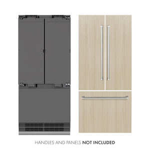 ZLINE 36 in. 19.6 cu. ft. Panel Ready French Door Built-In Bottom Freezer Refrigerator with Water Dispenser and Ice Maker with Graphite Gray Interior (GRBIV-36) front, next to custom panels and handles. Text: Handles and panels not included.