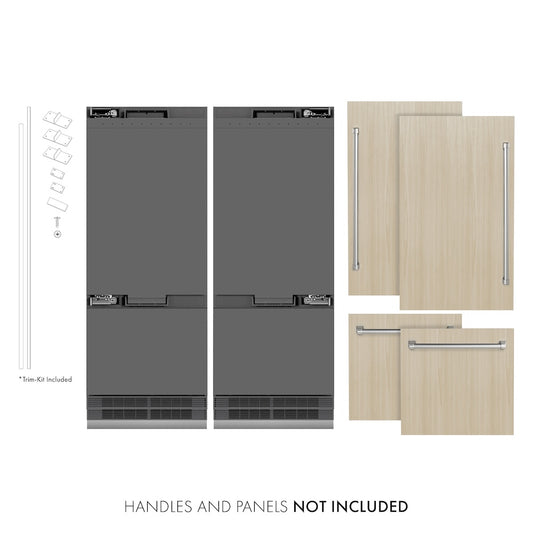 ZLINE 60 in. 32.2 cu. ft. Panel Ready French Door Built-In Bottom Freezer Refrigerator with Water Dispensers and Ice Makers with Graphite Gray Interior (GRBIV-60) front, next to custom panels and handles. Text: Handles and panels not included.