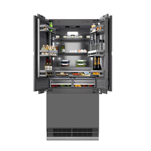ZLINE Autograph Edition 36 in. 19.6 cu. ft. Panel Ready French Door Built-In Bottom Freezer Refrigerator with Water Dispenser and Ice Maker with Graphite Gray Interior and Matte Black Accents (GRBIVZ-36-MB) front, open.