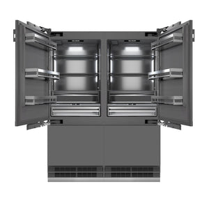 ZLINE Autograph Edition 60 in. 32.2 cu. ft. Panel Ready French Door Built-In Bottom Freezer Refrigerator with Water Dispenser and Ice Maker with Graphite Gray Interior and Champagne Bronze Accents (GRBIVZ-60-CB) front, open.