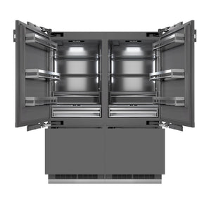 ZLINE Autograph Edition 60 in. 32.2 cu. ft. Panel Ready French Door Built-In Bottom Freezer Refrigerator with Water Dispenser and Ice Maker with Graphite Gray Interior and Champagne Bronze Accents (GRBIVZ-60-CB) front, open.