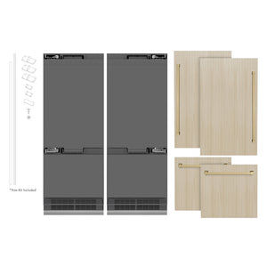 ZLINE Autograph Edition 60 in. 32.2 cu. ft. Panel Ready French Door Built-In Bottom Freezer Refrigerator with Water Dispenser and Ice Maker with Graphite Gray Interior and Champagne Bronze Accents (GRBIVZ-60-CB) front, closed, next to custom panels with handles installed.