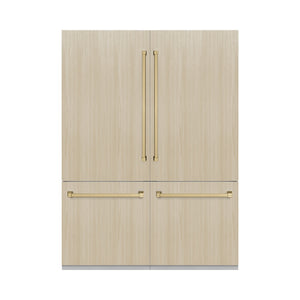 ZLINE Autograph Edition 60 in. 32.2 cu. ft. Panel Ready French Door Built-In Bottom Freezer Refrigerator with Water Dispenser and Ice Maker with Graphite Gray Interior and Champagne Bronze Accents (GRBIVZ-60-CB) front, closed, with handles installed on custom panels.