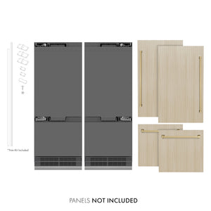 ZLINE Autograph Edition 60 in. 32.2 cu. ft. Panel Ready French Door Built-In Bottom Freezer Refrigerator with Water Dispenser and Ice Maker with Graphite Gray Interior and Champagne Bronze Accents (GRBIVZ-60-CB) front, closed, next to custom panels with handles installed. Text: Panels not included. Trim kit included.