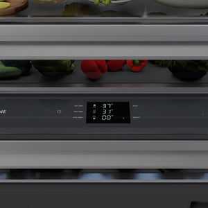 ZLINE Autograph Edition 60 in. 32.2 cu. ft. Panel Ready French Door Built-In Bottom Freezer Refrigerator with Water Dispenser and Ice Maker with Graphite Gray Interior and Champagne Bronze Accents (GRBIVZ-60-CB) close-up, touch panel controls and display.